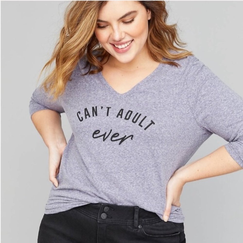 NWT Lane Bryant Women’s "Can't Adult Ever" Long‎ Sleeve Tee Shop Sz 22/24 Purple